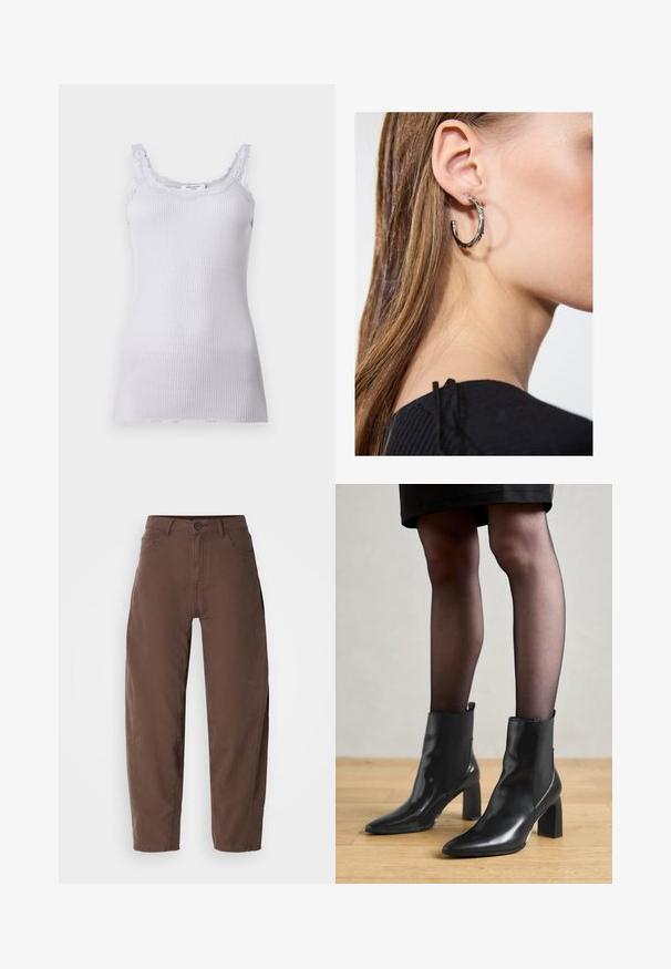 Lilac ribbed tank top with lace trim along the neckline and straps, featuring a fitted silhouette and soft texture. No visible logos.; Brown straight-leg pants with front button and zipper, belt loops, and side pockets, displayed on a white background.; Black leather ankle boots with a pointed toe, chunky square heel, and sleek design. Features elastic side panels for easy wear.; Silver hoop earring with a polished finish, featuring small gold accent details and a round shape, worn on the lobe.