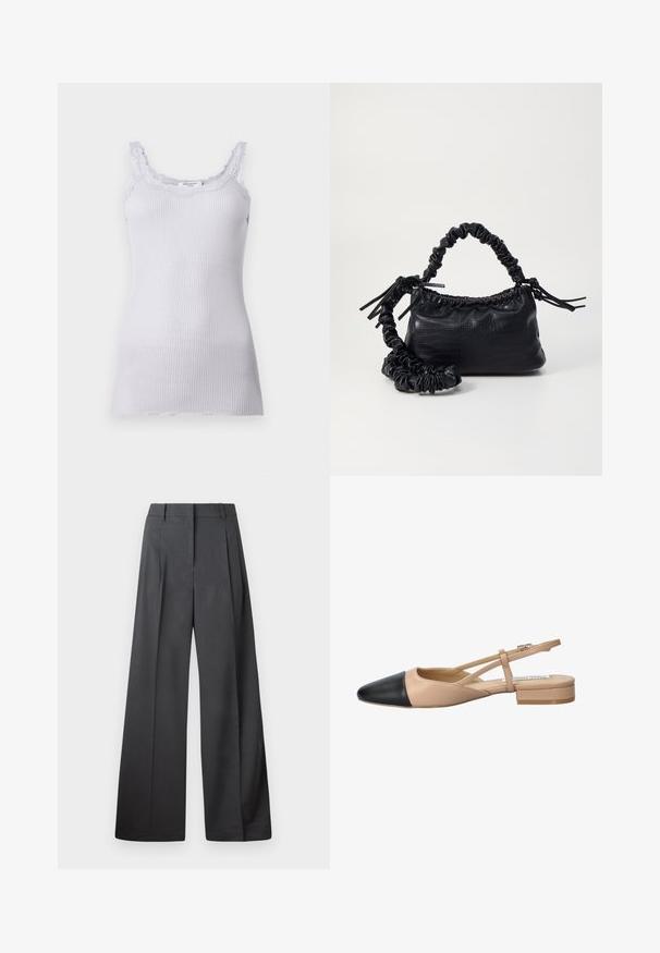 Lila geribbelde tanktop met kantafwerking langs de halslijn en de bandjes, met een aansluitende silhoeët en een zachte textuur. Geen zichtbare logo's.; Wijde broek in donkergrijze stof, met een hoge taille, enkele plooien en een gladde textuur met een nette afwerking aan de zoom.; Beige en zwarte twee-tonen slingback schoen met een spitse neus, platte hak en kruislings banddetail. Gladde leren textuur.; Zwarte nepleer handtas met een krokodillenstructuur, opgedroogde bovenkant en een gekreukte hengsel. Het lijkt zacht en compact van ontwerp.