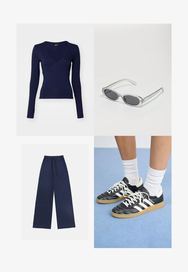 Jūrinės mėlynos spalvos ilgo rankovės marškiniai, pagaminti iš tamprios medžiagos, su V formos iškirpte, prigludusia siluetu ir subtiliu kryžminių siūlių akcentu priekyje.; Tamsiai mėlynos plačios kelnės su raišteliu juosmenyje ir baltais vertikaliais dryžiais. Lygi tekstūra, be kišenių ar puošmenų.; Juodos odinės sportbačiai su baltais dryžiais, apvalia nosimi, baltais raišteliais ir guminiu padu. Pabrėžti paminkštinta apykakle ir prekių ženklų detalėmis.; Akiniai nuo saulės ovalo formos, su skaidriu plastiko rėmu, tamsiai pilkais objektyvais ir plonomis skaidriomis šakėmis, dekoruotais logotipų akcentais ir minimaliais detalėmis.