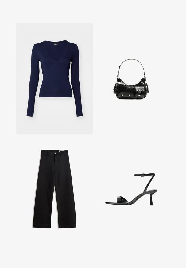 Navy long-sleeve top made of stretchy fabric, featuring a V-neckline, fitted silhouette, and subtle cross-seam detail at the front.; Black wide-leg denim pants with a high waist, featuring front and back pockets, stitched seams, and a button closure. Smooth texture.; Bershka High heeled sandals - black; Black patent leather handbag with a curved shape, one shoulder strap, front pockets, and silver-tone hardware accents.