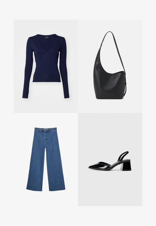 Mornarsko dolgi top z dolgimi rokavi, izdelan iz elastičnega blaga, z V-izrezom, prilega telesu in diskretnim križnim šivom na sprednji strani.; Jeans širokih nogavic v srednji modri barvi, z visokim pasom, gumbom in kontrastnimi navpičnimi šivi spredaj.; Črne lakirane slingback pete s koničastim nosom in geometrijsko blokasto peto. Imajo eleganten, minimalističen dizajn in gladko teksturo.; Črna usnjena hobo torba z gladko teksturo, ukrivljeno obliko in eno nastavljivo naramnico; ima širok odprtina na vrhu.