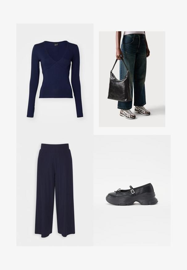 Navy-farbener Langarmtop aus dehnbarem Stoff, mit V-Ausschnitt, figurbetontem Schnitt und subtilen Nahtdetails an der Vorderseite.; Weit geschnittene Hosen aus dunkelnavy Stoff mit strukturiertem Rippendesign. Merkmale sind ein glatter Hosenbund und eine luftige Silhouette, die bis zur Mitte der Wade reicht.; Schwarze Leder-Mary-Jane-Schuhe mit einer abgerundeten Zehenpartie, Schleifendetail und verstellbarem Knöchelriemen. Mit einer stabilen Gummisohle mit geschwungenen Akzenten.; Schwarze Leder-Schultertasche mit glatter Textur und verstellbarem Riemen, kombiniert mit ausgewaschenen weit geschnittenen Jeans und sportlichen Sneakern.