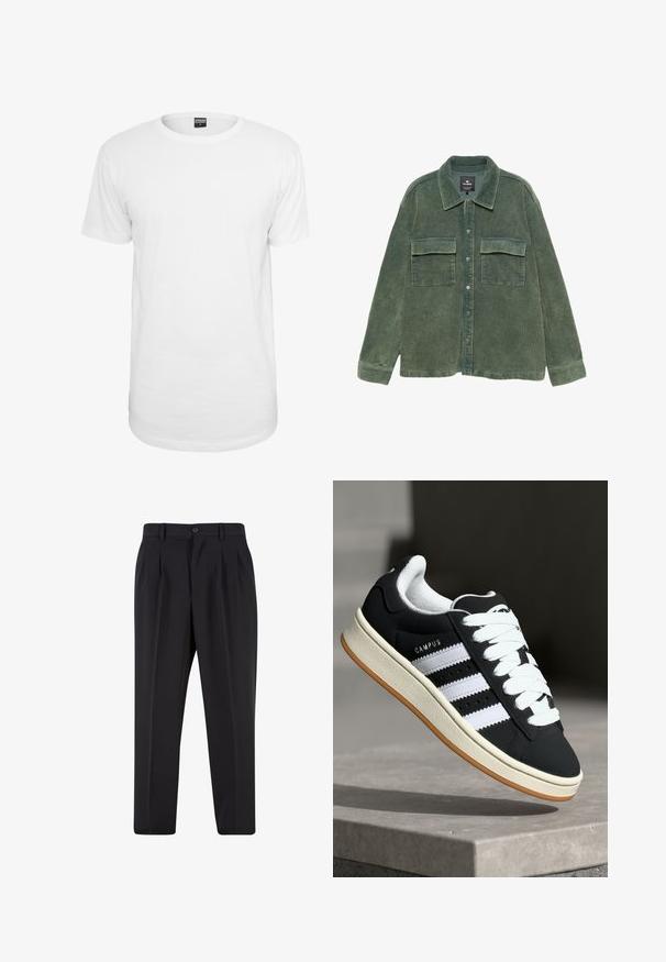 Vit t-shirt med kort ärm i bomull, med en klassisk rund halsringning, en avslappnad passform och utan synliga mönster eller logotyper.; Grön kordflöjel skjortjacka med krage, knappstängning fram och två bröstfickor. Ribbad textur genom hela plagget.; Svarta byxor med plisserad design framtill, tillverkade av slätt tyg. Har en knappstängning och bälteshällor; rak passform.; Svart sneaker med vita ränder, snörning, texturerad ovandel och gummisula. Har "CAMPUS"-logga på sidan och gummiyttersula.