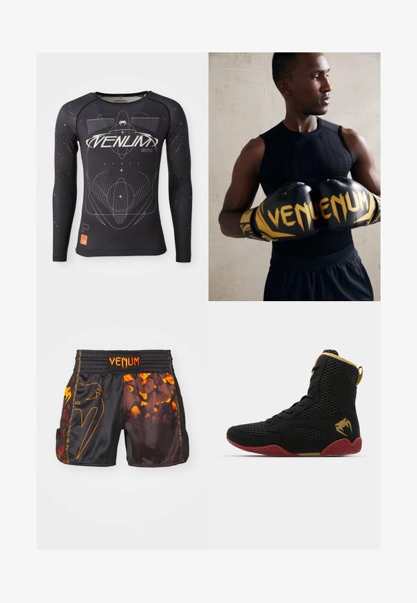 Langermet svart sportsskjorte, teksturert stoff, tettsittende design, med hvite grafiske mønstre og oransje logoetikett på kanten.; Svart og oransje Venum-shorts med en blank finish, kontrasterende camo-mønstre og en elastisk midjebånd med logo-detalj.; Høy topp idrettssko med svart mesh og syntetisk materiale, teksturerte detaljer, rød gummisåle og gullfarge på ankelen.; Sorte boksehansker med gullakenter og "VENUM" merke. Atleten har på seg en ermeløs svart topp som fremhever en muskuløs fysikk.