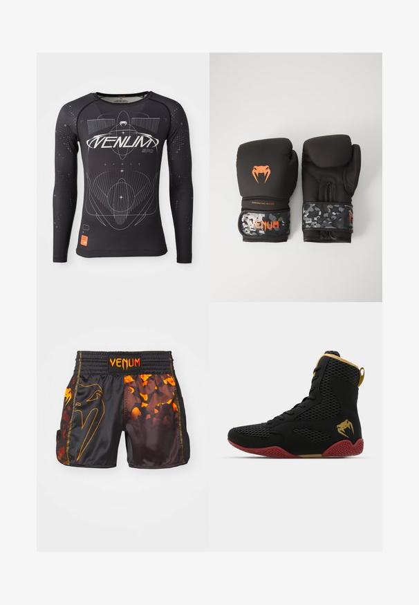 Pikkade varrukatega must spordipluss, tekstureeritud kangas, sobiv disain, valgete graafiliste mustrite ja oranži logo sildiga hemmet.; Mustmust ja oranžid Venum'i lühikesed püksid, millel on läikiv viimistlus, kontrastsed kamoflaažmustrid ja elastne vöökoht logode detailidega.; Korkeatutine sportlik king, musta võrkkangaga ja sünteetilisest materjalist, tekstuursete detailidega, punase kummitaldiga ja kuldsete aktsentidega pahkluu piirkonnas.; Mustavad krossimise kinnased, millel on mati viimistlusega ja ergonoomiline disain. Oranž logo detail ja kamuflaažimuster randmetrasside peal.