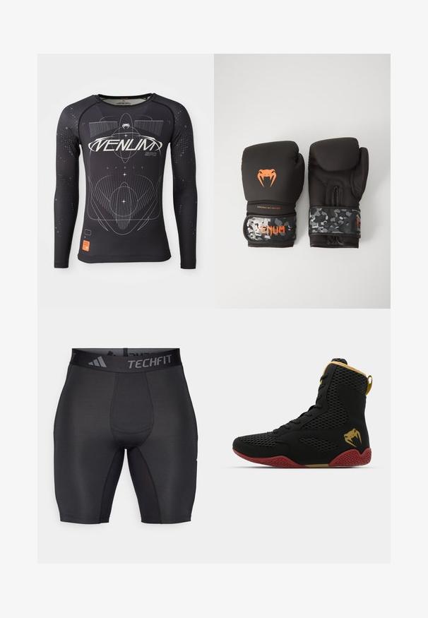 Pikkade varrukatega must spordipluss, tekstureeritud kangas, sobiv disain, valgete graafiliste mustrite ja oranži logo sildiga hemmet.; Mustad must sportlikud lühikesed püksid, mis on valmistatud siledast, elastsetest kangast. Omavad laia, bränditud vöökohta ja lamedaid õmblusi mugavuse ja vastupidavuse tagamiseks.; Korkeatutine sportlik king, musta võrkkangaga ja sünteetilisest materjalist, tekstuursete detailidega, punase kummitaldiga ja kuldsete aktsentidega pahkluu piirkonnas.; Mustavad krossimise kinnased, millel on mati viimistlusega ja ergonoomiline disain. Oranž logo detail ja kamuflaažimuster randmetrasside peal.