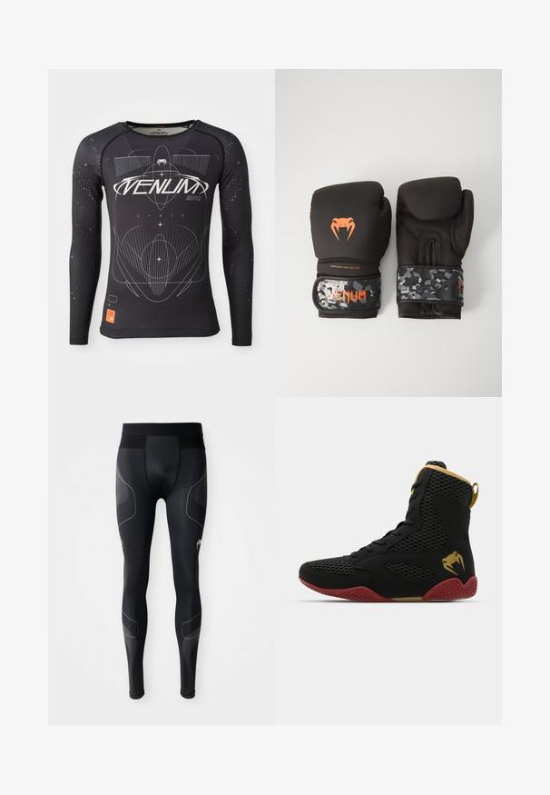 Long-sleeve black sports shirt, textured fabric, fitted design, featuring white graphic patterns and orange logo label on the hem.; Black athletic leggings made of stretchy material, featuring a wide waistband, mesh panels, and reflective accents along the sides.; High-top athletic shoe with black mesh and synthetic material, textured accents, red rubber sole, and gold detailing on the ankle.; Black boxing gloves with a matte finish and ergonomic design. Orange logo detailing and camouflage-patterned wrist straps.