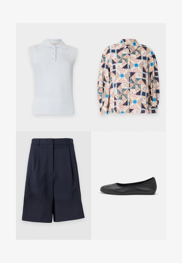 Light blue sleeveless polo top with a traditional collar, three button placket, and ribbed hem. Made from a smooth, soft fabric.; Button-up shirt featuring a patchwork design with floral and geometric patterns in beige, blue, navy, and red tones; long sleeves.; Navy blue tailored shorts made from a smooth fabric with a high waist, pleats at the front, and side pockets. Clean, structured silhouette.; Black leather ballet flat with a rounded toe, smooth texture, minimal stitching detail, and a flexible sole design.