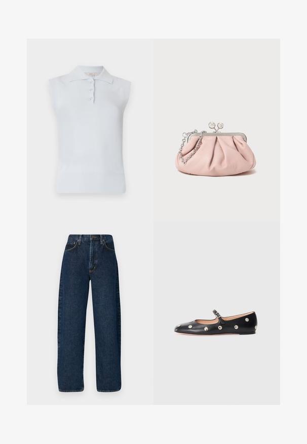 Ανοιχτού μπλε αμάνικο polo μπλουζάκι με κλασικό γιακά, τρεις κουμπότρυπες και πλέξη στο τελείωμα. Φτιαγμένο από ομαλό, μαλακό ύφασμα.; Φαρδιά μπλε τζιν παντελόνια με ψηλή μέση, με κλασικό στιλ πέντε τσέπες και αντίθετη ραφή κατά μήκος των ραφών.; Μαύρο δερμάτινο παπούτσι Mary Jane με επίπεδη σόλα και στρογγυλή μύτη, διακοσμημένο με ασημένιες κυκλικές καρφίτσες και ρυθμιζόμενη λουρί με αγκράφα.; Ροζ δερμάτινη τσάντα χειρός με μαζεύοντας σχέδιο, μεταλλικό πλαίσιο, δύο στρογγυλούς κλιπ και ασημένιο αλυσίδα. Λείος υφή, συμπαγές σχήμα.