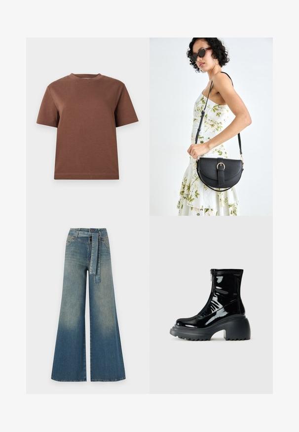 Brun bomulls t-skjorte med rund hals, korte ermer og en avslappet passform. Glatt tekstur uten synlige mønstre eller dekorasjoner.; Bredde ben jeans med en lyseblå til mørkeblå gradient, høyt liv, beltehemper og et matchende belte i samme stoff. Teksturert denimoverflate.; Glanset svart plattform ankelstøvlett med rund tå, kraftig hæl, glidelås og tykk rillelagt såle mot en hvit bakgrunn.; Svart lærveske med en buet form, avtagbar stropp og gullbeslag. Vesken har et klaff med spenne-detall.