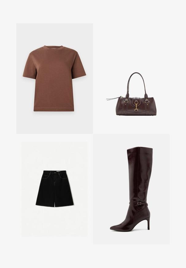 Bruine katoenen t-shirt met een ronde hals, korte mouwen en een ontspannen pasvorm. Soepele textuur en geen zichtbare patronen of versieringen.; Zwarte denim shorts met een losse pasvorm, uitgerust met vijf zakken, gele stikselaccenten en een midi-heup ontwerp.; Anna Field Laarzen - bordeaux; Donkerbruine leren handtas met twee bovenhandvatten, vergulde accenten, een sluitingdetail aan de voorkant en gestikte texturen aan de zijkanten.