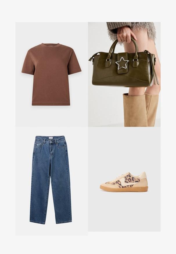 Tricou din bumbac maro cu decolteu rotund, mâneci scurte și o croială lejeră. Textură netedă și fără modele sau embellishements vizibile.; Jeans clasice din denim albastru, cu un design drept, cinci buzunare și închidere cu nasture. Prezentând o spălare medie și o textură rezistentă.; Tenisi cu imprimeu de leopard, cu partea superioară din suede bej, talpă din cauciuc maro și accente albe. Vârf rotund și design cu șireturi, cu un finisaj texturat.; Geantă din piele ecologică de culoare verde măslin, cu accent din stea argintie, două mânere și închidere cu fermoar. Suprafață texturată și formă structurată.