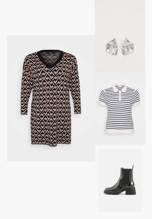 Λευκό πουκάμισο πόλο με ναυτικές μπλε οριζόντιες ρίγες, ραμμένη υφή, δύο κουμπιά στη σειρά και κεντημένο λογότυπο στο στήθος.; Πλεκτό φόρεμα με V-λαιμόκοψη, μακριά μανίκια και σχέδιο ζιγκ-ζαγκ σε μαύρο και μπεζ, με απαλή υφή και άνετη εφαρμογή.; Μαύρες δερμάτινες μπότες έως τον αστράγαλο με λείο φινίρισμα, ελαστικές πλαϊνές επιφάνειες και χοντρό τακούνι. Διαθέτουν θηλιά για ευκολότερη χρήση.; Ασημένια σκουλαρίκια με κυματιστό, γλυπτικό σχέδιο που διαθέτουν γυαλιστερή φινίρισμα και ακανόνιστα σχήματα, αναδεικνύοντας μια σύγχρονη αισθητική.