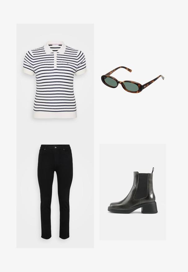 Camisa polo branca com riscas horizontais azul marinho, textura canelada, gola de dois botões e logótipo bordado no peito.; Jeans de ganga pretos com um corte slim, design de cinco bolsos, fecho frontal por botão e ligeira elasticidade para conforto. Textura lisa e plana com detalhes mínimos.; Botas de tornozelo em couro negro com um acabamento liso, painéis laterais elásticos e um salto robusto. Apresentam uma alça na parte de trás para facilitar o calçar.; Óculos de sol de tartaruga com armações ovais e lentes verdes. Caracterizam-se por hastes finas com um destaque metálico perto das dobradiças.; Saco de tote em couro preto com uma alça curva, forma triangular alongada e textura suave. Apresenta um design minimalista sem hardware visível.; Brincos de metal prateado com um design ondulante e escultural, apresentando um acabamento polido e formas irregulares, destacando uma estética contemporânea.