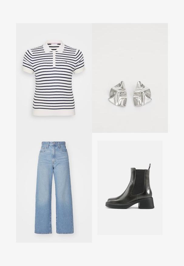 Valge polo särk, millel on tumesinised horisontaalsed triibud, ribakujuline tekstuur, kahe nupuga kaelus ja tikandiga logo rinna peal.; Heledad sinine kõrge vöökohaga laiad teksad, ees nupp ja tõmblukk, ees ja taga taskud, valge tausta peal.; Mustad musta nahast pahkluu saapad siledast viimistlusest, elastsete külgpanelidega ja jämeda kontsaga. Omavad tõmbenööri, et neid oleks lihtsam jalga panna.; Hõbedased metallkõrvarõngad lainelise, skulpturaalse disainiga, millel on poleeritud viimistlus ja ebaregulaarsed kujundid, rõhutades kaasaegset esteetikat.