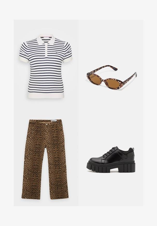 Valge polo särk, millel on tumesinised horisontaalsed triibud, ribakujuline tekstuur, kahe nupuga kaelus ja tikandiga logo rinna peal.; Leopardimustrilised püksid, millel on pruun ja must muster, sirge sääre disain ja klassikaline viie tasku stiil. Valmistatud puuvillasegusest kangast.; Must musta platvormsussid paksu plokkninal, ümmarguse varbaga ja traditsioonilise nööridega kinnitamisega. Sussid on sileda tekstuuriga ja minimaalsete detailidega.; Kilpkonnakilbi stiilis prillid ovaalsete läätsedega, pruunide toonidega, õhukeste kätega, millel on tekstureeritud muster, kerge plastmassraam.