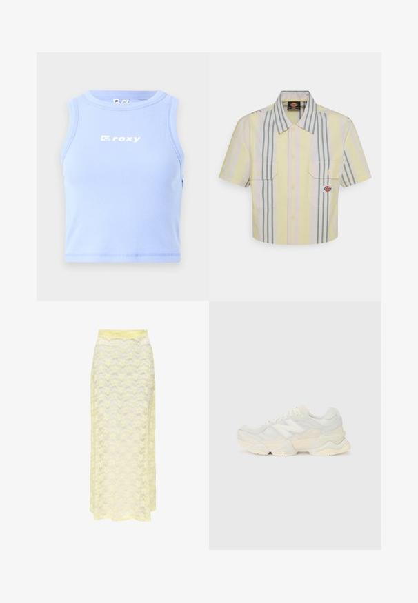 Lys blå ribbet tanktop med rund hals og "roxy" logo i hvid over brystet; tætsiddende design og cropped længde.; Kraftig kortærmet skjorte i lysegul med lodrette grønne og pastelfarvede striber. Har to brystlommer og et logo-patch på venstre lomme.; Gul blonde maxiskørt med et bølget mønster, der har en glat talje og blød, gennemsigtig struktur. Designet til en let og svajende silhuet.; Letvægtssneakers med en overdel i mesh og ruskind i bløde cremetoner, med en kraftig sål og tredimensionelle accenter.