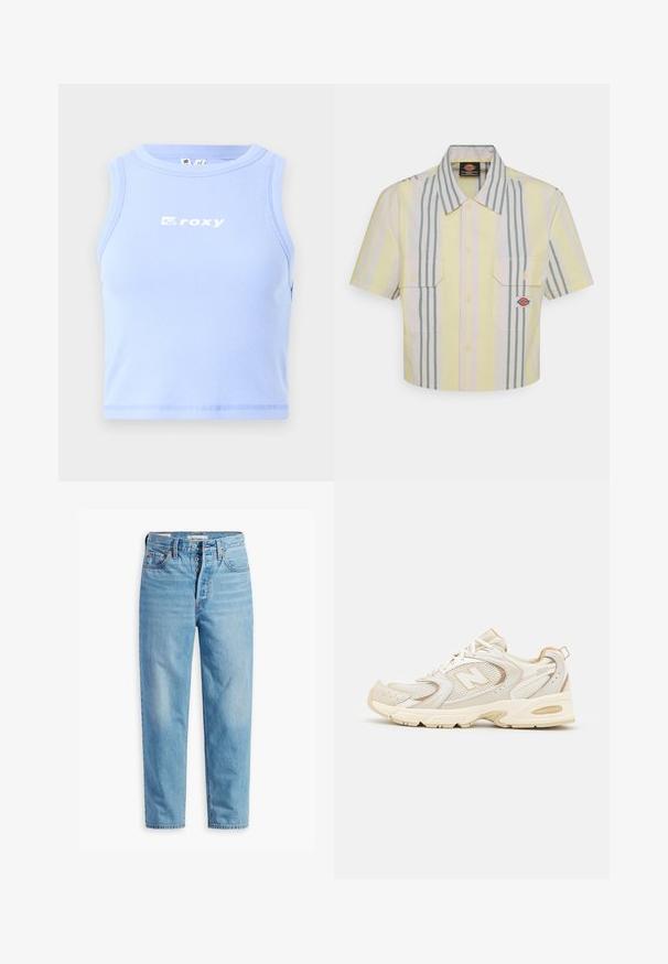 Šviesiai mėlynas raštuotas rankovių marškinėliai su apvaliu kaklu ir balta "roxy" logotipu per krūtinę; prigludusi forma ir trumpas ilgis.; Šviesiai geltona trumpomis rankovėmis marškinėliai su vertikaliomis žaliomis ir pastelinių spalvų juostelėmis. Yra dvi krūtinės kišenės ir logotipo aplikacija kairėje kišenėje.; Šviesiai mėlynos džinsinės kelnės su aukštu liemeniu, tiesios kojos kirpimu, penkių kišenių dizainu ir mygtukų uždarymu. Yra matoma siuvinėjimo ir metalinės detalės.; Beigi sportiniai bateliai su tinkleliu ir sintetinėmis detalėmis, turintys tekstūruotą paviršių, paminkštintą apykaklę ir "ABZORB" amortizaciją kulno srityje.