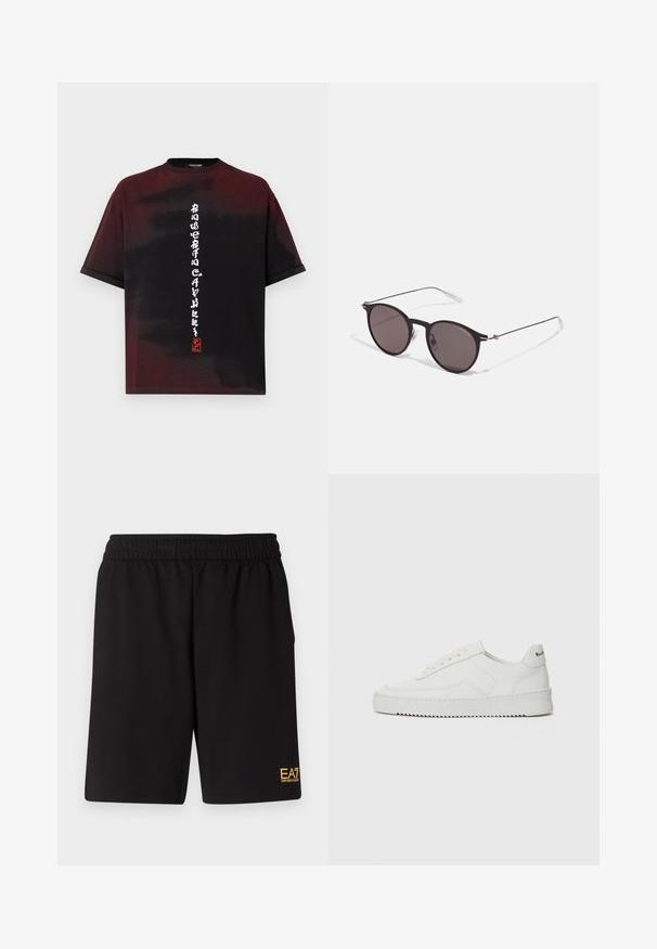 Trumpu rankovėmis juodas ir tamsiai raudonas marškinėlių su rišimu piešinys, su baltu vertikaliai stilizuotu Azijos raštu ir mažu raudonu antspaudu centre priekyje.; Juoda sportinė šortai, pagaminti iš minkštos medžiagos, su elastingu diržu ir maža geltona EA7 logo apatinėje kairėje kojoje.; Balti odiniai sportiniai bateliai su lygia apdaila, apvaliu pirštu, plokščiais raišteliais ir tekstūruotu padu. Pasižymi subtiliu logotipu ant kulno.; Juodos apvalios saulės akinių su tamsiais lęšiais ir plonomis metalinėmis šakomis. Įtraukti skaidrūs šventyklų galai ir sidabriniai akcentai vyrio srityje. Minimalistinis dizainas.
