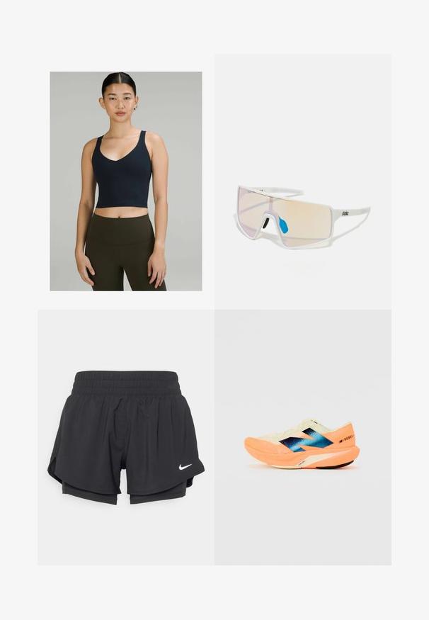 Tamno plava skraćena sportska majica s dizajnom u obliku v-izreza i tankim naramenicama, izrađena od rastezljivog materijala, u kombinaciji s visokim maslinastozelenim tajicama.; Crne atletske kratke hlače s elastičnom trakom u struku, unutarnjim oblogom i bočnim prorezima. Na lijevoj prednjoj strani nalazi se bijeli Nike logo.; Trkaća cipela s laganim krem gornjim dijelom, plavim oznakama i narančastim detaljima na potplatu. Mrežasti tekstur za prozračnost.; Sunglasses s bijelim okvirom i velikim lećama sa gradijentom u nijansama ružičaste do svijetlo narančaste, naglašene plavim dijelom za nos i detaljem loga.