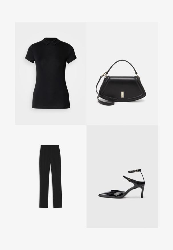 Black polo shirt made of cotton blend fabric. Features short sleeves, a classic collar, and a slim fit design. Smooth texture with minimal detailing.; Black tailored trousers with a straight-leg design, featuring front pockets and a smooth, textured fabric. Neat, minimal detailing.; Black patent leather heels with a pointed toe, adjustable ankle straps, and a slender heel. Smooth texture with a shiny finish.; Black leather handbag with a structured design, featuring a cropped shape, top handle, and gold hardware accent. Adjustable shoulder strap included.