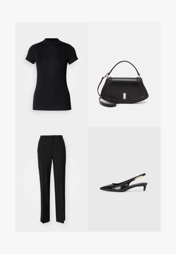 Polo shirt nero realizzato in tessuto misto cotone. Caratterizzato da maniche corte, colletto classico e una vestibilità slim. Texture liscia con dettagli minimi.; Pantaloni neri su misura con un design a gamba dritta, caratterizzati da una texture liscia e pieghe ben definite sul davanti. Senza hardware visibile.; Tacchi slingback in pelle nera con punta affusolata, caratterizzati da un tacco alto e un accento dorato sulla cinghia regolabile. Texture liscia.; Borsa a mano in pelle nera con un design strutturato, caratterizzata da una forma corta, manico superiore e accessori in metallo dorato. Inclusa tracolla regolabile.