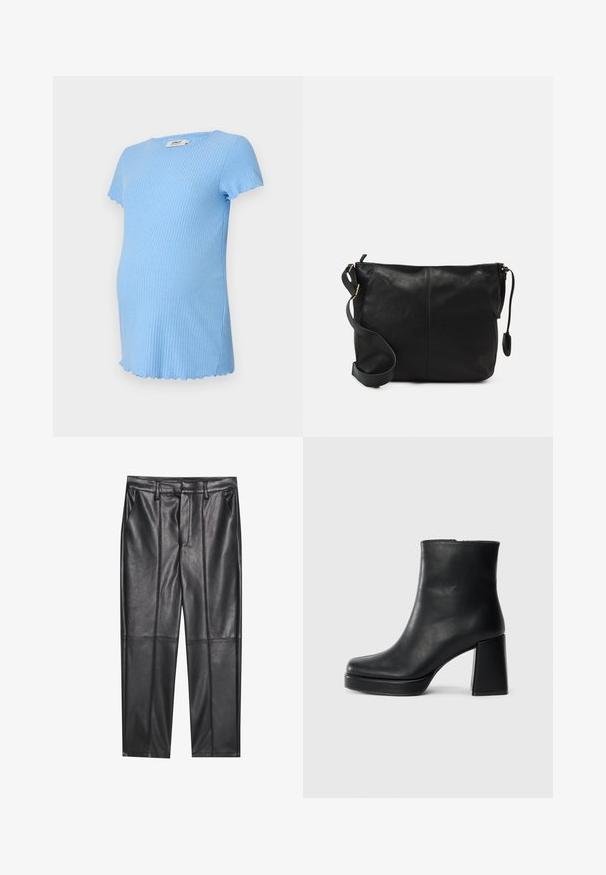 Svetlo modré tehotenské tričko z rebrovanej látky s krátkymi rukávmi a volánovým lemom. Mäkká textúra, priliehavý strih.; Čierne kožené nohavice s hladkou textúrou, rovného strihu, s dvoma prednými vreckami a viditeľným švom.; Čierne kožené členkové topánky s blokovým podpätkom a platformovou podrážkou, zobrazené z boku na bielom pozadí.; Čierna kožená crossbody taška s plochým tvarom, zlatými kovovými akcentmi a nastaviteľným popruhom. Hladký povrch s minimálnymi švíkmi.