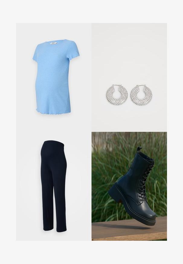 Lyseblå graviditets-T-skjorte laget av ribbestrikket stoff, med korte ermer og bølget kant. Myk tekstur, tettsittende design.; Mørkeblå stretchbukser med en glat overflade, elastisk talje og lige bendesign, uden synlige metaldele eller mønstre.; Sorte skinn ankelsko med rund tå, snøring foran og tykk, klumpete hæl. Har detaljert søm og en jevn overflatestruktur.; Sølv hoop øredobber prydet med flere klare krystallpynt, med en teksturert overflate og et åpent sirkulært design.