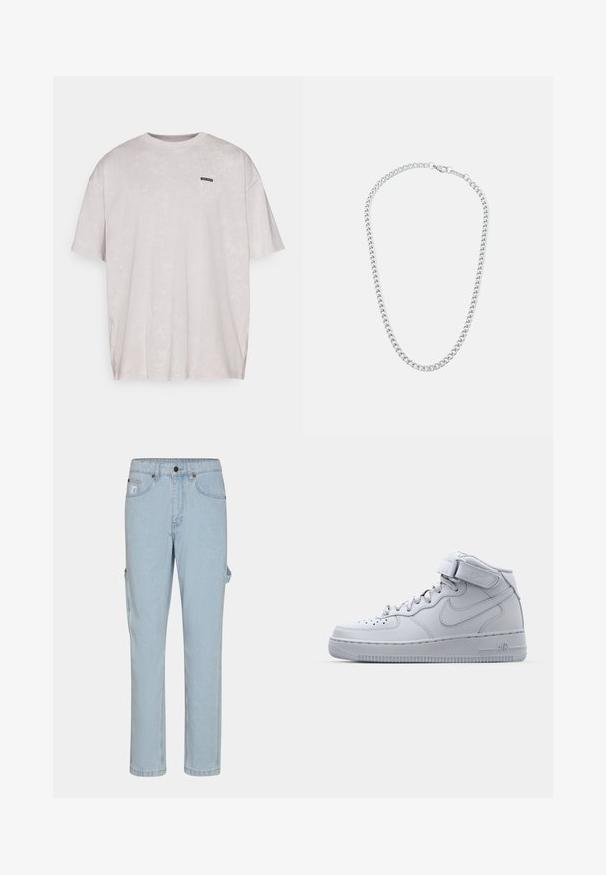 Lichtgrijze, oversized crewneck t-shirt van zacht materiaal, met subtiele textuur en een klein zwart etiket op de linkerbovenborst.; Lichtblauwe denim cargo broeken met een rechte pijp ontwerp, voorzien van zijzakken en een klassieke knoop- en rits sluiting.; Grijze Nike Air Force 1 sneakers met hoge bovenkant, leren bovenwerk, gewatteerde kraag en een klittenbandsluiting. Iconisch ontwerp met geperforeerde toe box.; Zilveren metalen ketting met in elkaar grijpende schakels en een veilige sluiting, gladde textuur, gelijkmatige afwerking en een klassiek ontwerp.