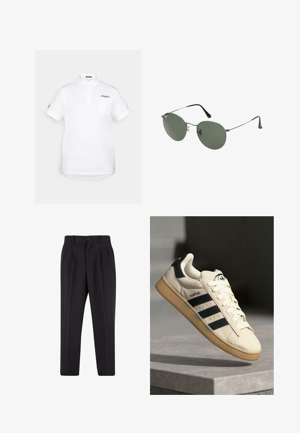 Hvit polo skjorte laget av bomull med korte ermer, spiss krage, tre-knaps knappestolpe og brystlomme. Har brodert logo.; Sorte bukser med plisseret frontdesign, lavet af glat stof. Har knaplukning og bæltesløjfer; rett-bukser.; Beige semsket sneakers med tre mørkeblå striper, hvite snørebånd og en lys gummisåle. Har en logo på tungen og teksten "CAMPUS".; Metallinnrammede solbriller med ovale grønne linser. Tynn sølvfarget metallramme og svarte øreplugger. Minimalistisk design, ingen synlige logoer.