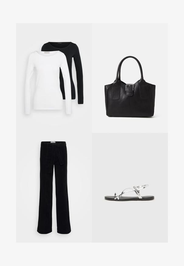 Két hosszú ujjú női felső, az egyik fehér, a másik fekete, kerek nyakkivágással, egy sima világos háttéren, frontálisan elhelyezve.; Fekete bordázott, széles lábú nadrág szövet övvel, diszkrét varrási részletekkel és szabott derékpánttal a stílusos megjelenésért.; Ezüst fémes szandálok minimális kialakítással, vékony pántokkal és fekete lapos talppal. Kiemeli a keresztpántos díszítést.; Fekete bőr bevásárlótáska sima textúrával, strukturált formával, két fogantyúval és egy figyelemfelkeltő ezüst csattal az elején.