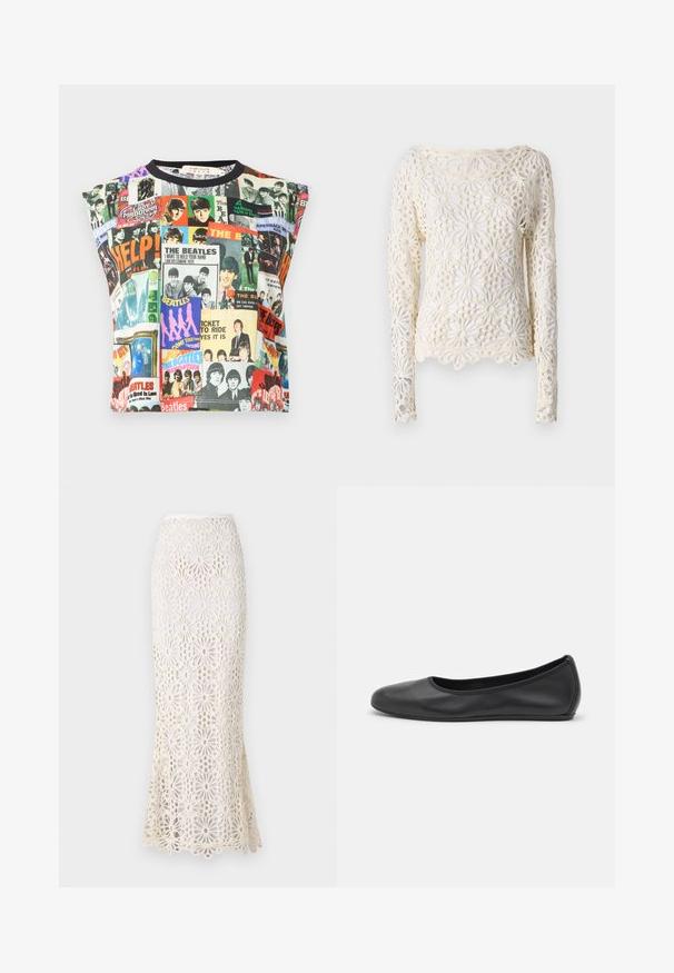 Alice + Olivia MICAH MUSCLE TANK - Top - twist and shout; Norma Kamali Top s dlouhým rukávem - cream; Norma Kamali OBIE LONG SKIRT - Maxi sukně - cream; Černé kožené baletní byty s kulatou špičkou, hladkou texturou, minimálními švy a flexibilním designem podrážky.