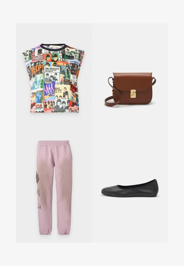 Alice + Olivia MICAH MUSCLE TANK - Top - twist and shout; Pantaloni della tuta rosa con vita elastica, caratterizzati da toppe decorative a forma di diamante sul lato sinistro e polsini elastici alle caviglie.; Pantofole da balletto nere in pelle con punta arrotondata, texture liscia, dettagli di cucitura minimi e design con suola flessibile.; Borsa a tracolla in pelle marrone con chiusura a pattina, hardware color oro, tracolla e una finitura liscia. Forma rettangolare compatta.