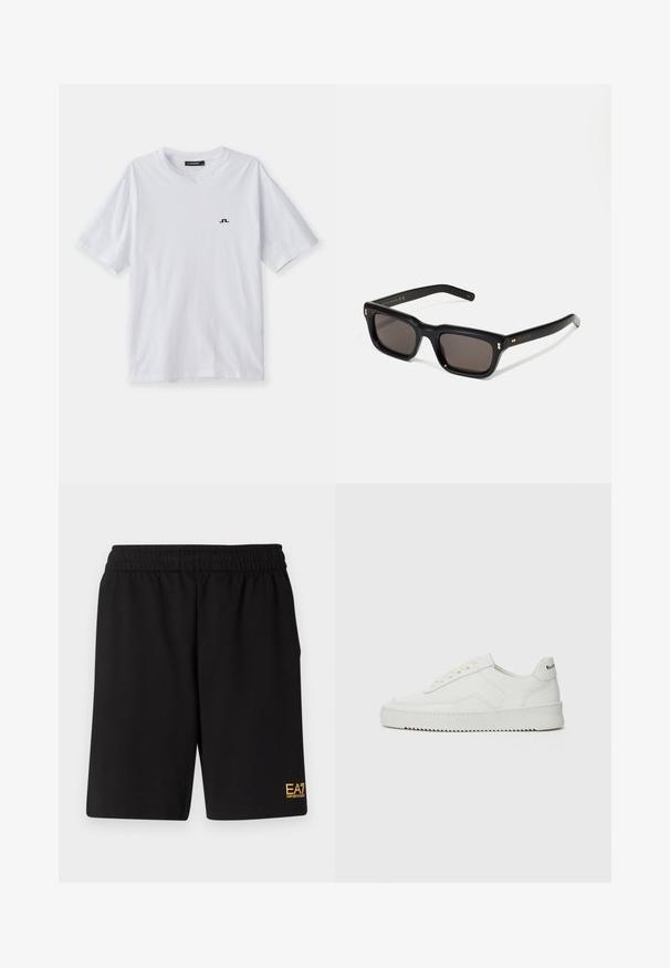 Biała bawełniana koszulka z okrągłym dekoltem i krótkimi rękawami, z niewielkim czarnym logo na piersi. Gładka tekstura i luźny krój.; Czarne sportowe szorty wykonane z miękkiego materiału, z elastycznym paskiem w talii oraz małym, żółtym logo EA7 na dolnej lewej nodze.; Białe skórzane sneakersy o gładkim wykończeniu, okrągłym nosku, płaskich sznurówkach i teksturowanej podeszwie. Charakteryzują się delikatnym logo na pięcie.; Czarne prostokątne okulary przeciwsłoneczne z ciemnymi soczewkami, grubą plastikową oprawą, złotymi akcentami na zausznikach oraz wygrawerowanym logo marki na ramieniu.