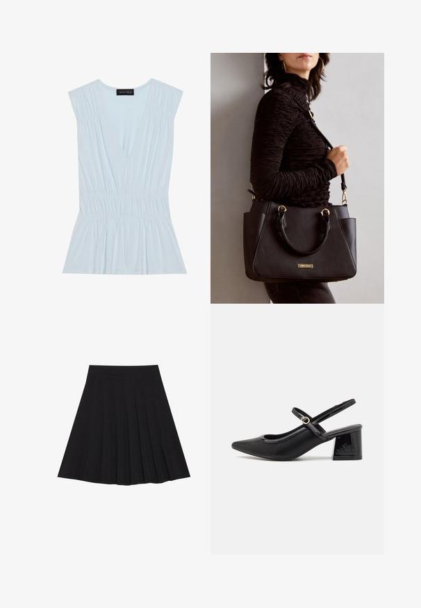 Hele sinine ülemine osa, millel on sügav V-kaelus, volditud õlad ja koondatud taljeosa. Valmistatud pehmest kangast, millel on laienev alumine serv. Silt sisaldab logo.; Must mustriga seelik, millel on tekstureeritud kangas ja kitsas vöökoht. Ulatuv põlveni, omadab sujuvat ja lõputut siluetti.; Mustad läikivad nahast slingback-kõrged kontsad, millel on terav nina, ümar lõikekujundus ja blokknina. Omab kuldset nupu aktsenti.; Musthave must kott, millel on tekstuurne pind, kaks ülemist käepidet ja reguleeritav õlarihm. Omab kuldse tooni riistu ja külgtaskuid.