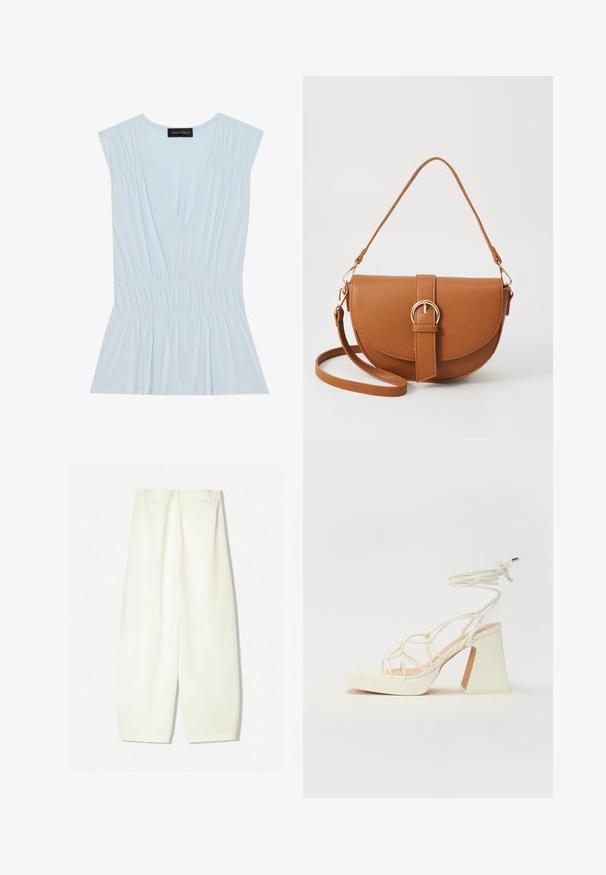 Jasnoniebieska bluzka z głębokim dekoltem w kształcie V, plisowanymi ramionami i marszczonym stanem. Wykonana z miękkiego materiału, z rozkloszowanym dołem. Logo na metce.; Szerokie spodnie w miękkim kremowym materiale, z gładką teksturą, przednimi kieszeniami oraz luźnym krojem z średnim stanem.; Biała sandał na wysokim obcasie z masywnym słupkiem, z paskowym wzorem i wiązaniem przy kostce. Gładka faktura z platformą z przodu dla dodatkowej wysokości.; Brązowa skórzana torba na ramię o zaokrąglonym kształcie, ze złotymi akcentami i zapięciem w formie klamry. Posiada odpinany pasek na ramię.