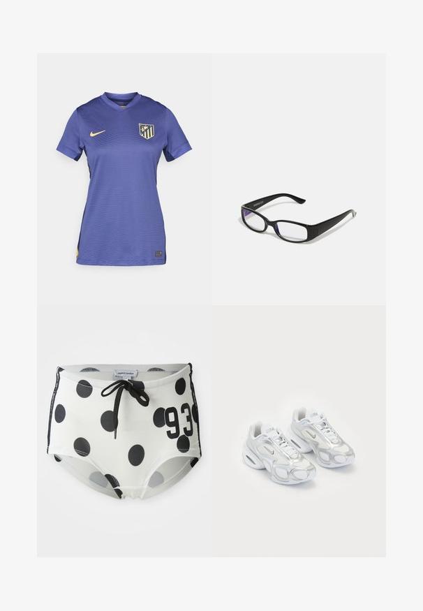 Lilla fodboldtrøje med V-hals, korte ærmer, der har et gult Nike-logo og et flerstribet holdmærke på brystet.; Sort-hvide polkaprikkede svømmedragter med elastisk waistband og snørelukning, prydet med tallet "93" på forsiden og lavet af et glat, strækbart stof.; Hvide atletiske sko med en mesh-overdel og sølvfarvede accenter, en unik form og luftdæmpning i hælen. Snørebåndsdesign med logo.; Sorte rektangulære briller med klare linser. Blank finish, smalle stænger, og lilla nuance synlig i kanterne af linsen.