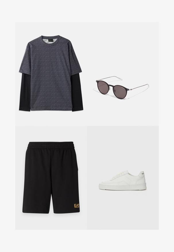 Trumpas rankovės marškinėliai su geometriniu mėlynu ir juodu raštu. Po marškiniais yra juoda ilgos rankovės sluoksnis, apvalus iškirpimas ir švelni medžiagos tekstūra.; Juoda sportinė šortai, pagaminti iš minkštos medžiagos, su elastingu diržu ir maža geltona EA7 logo apatinėje kairėje kojoje.; Balti odiniai sportiniai bateliai su lygia apdaila, apvaliu pirštu, plokščiais raišteliais ir tekstūruotu padu. Pasižymi subtiliu logotipu ant kulno.; Juodos apvalios saulės akinių su tamsiais lęšiais ir plonomis metalinėmis šakomis. Įtraukti skaidrūs šventyklų galai ir sidabriniai akcentai vyrio srityje. Minimalistinis dizainas.
