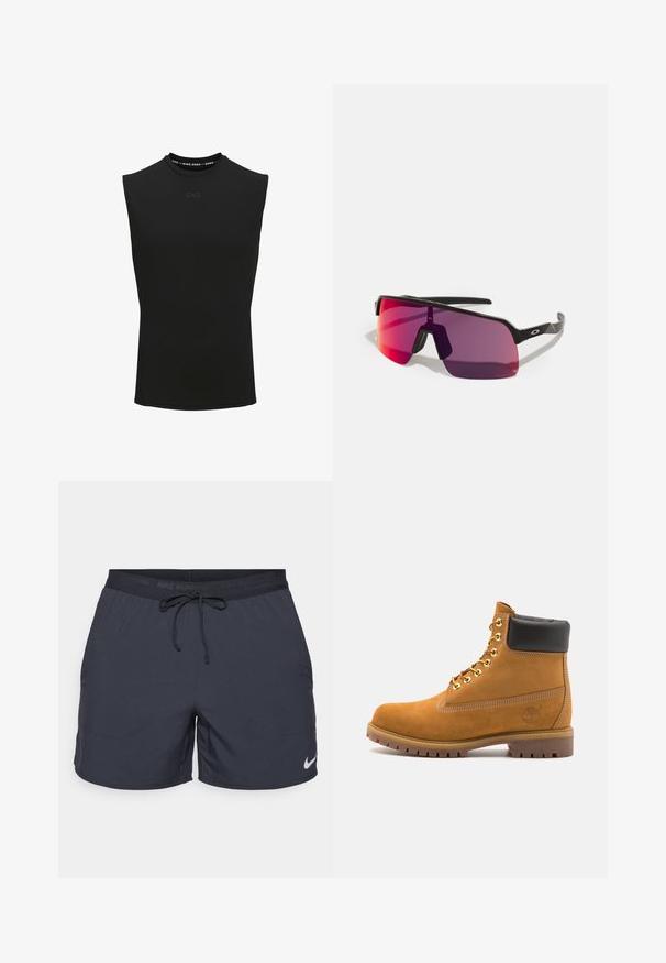 Černý bezrukávový sportovní top s vysokým výstřihem a malým logem "CNZ" na přední části.; Běžecké šortky Nike, tmavě šedé, elastický pas s šňůrkou, boční kapsy, lehký materiál, s bílým logem Nike na dolním lemu.; Hnědé semišové kotníkové boty s černým polstrovaným límcem, zlatými kovovými očky, bílým prošíváním a odolnou gumovou podrážkou s výraznými drážkami.; Černé sportovní sluneční brýle s růžovo-fialovými gradientními čočkami a elegantním geometrickým designem. Obsahují nastavitelný nosník a logo na stranu.