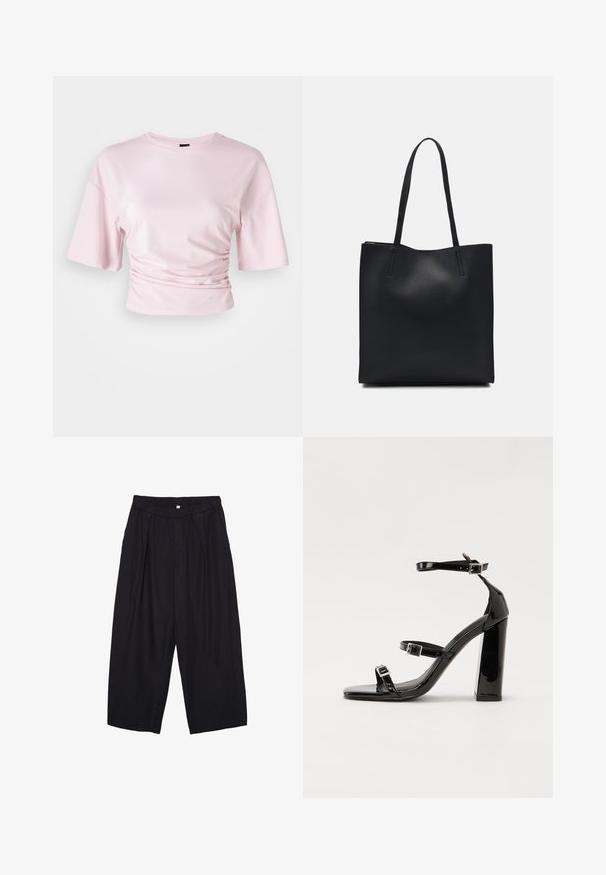 Lyserød cropped t-shirt lavet af blødt stof, med korte ærmer og indsnævrede sider for et tætsiddende look. Rund halsudskæring, enkelt design.; Sorte polyester culotte bukser med elastisk talje, to forpiber og en løs silhuet. Ingen synlige mønstre eller hardware detaljer.; Sorte patenterede hælsandaler med firkantet tå, ankelremme og sølvspænder. Har en chunky blokHæl for stabilitet.; Sort læder tote taske med glat tekstur, rektangulær form og to lange hanke. Ingen synlig hardware eller udsmykninger.