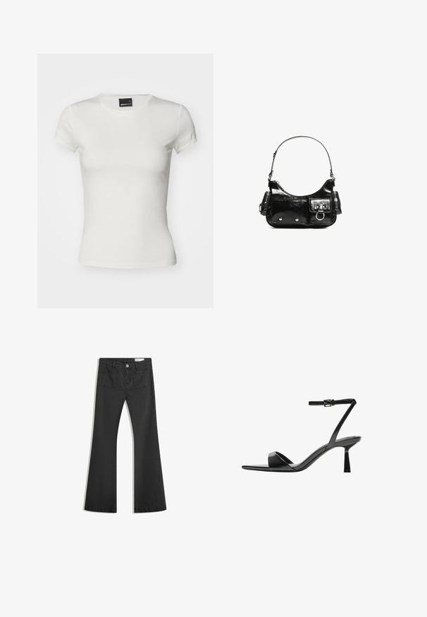 Bela kratka majica z kratkimi rokavi, izdelana iz bombaža. Ima klasičen okrogli izrez in oprijet kroj z gladko teksturo. Vidna blagovna oznaka.; Črne flare traperke z gladko teksturo, opremljene z dvema zadnjima žepoma in gumbnim zapiranjem v pasu.; Bershka Sandali z visoko peto - black; Črna lakasta usnjena torbica s ukrivljeno obliko, enim ramenskim trakom, sprednjimi žepi in srebrnimi kovinskimi dodatki.