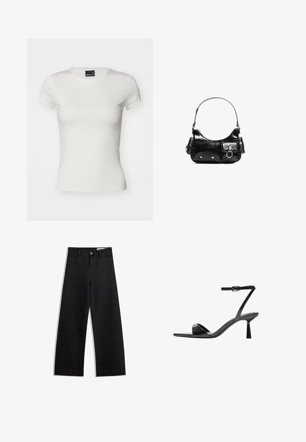 White short-sleeve t-shirt made of cotton. Features a classic crew neckline and a fitted design with a smooth texture. Brand label visible.; Black wide-leg denim pants with a high waist, featuring front and back pockets, stitched seams, and a button closure. Smooth texture.; Bershka High heeled sandals - black; Black patent leather handbag with a curved shape, one shoulder strap, front pockets, and silver-tone hardware accents.