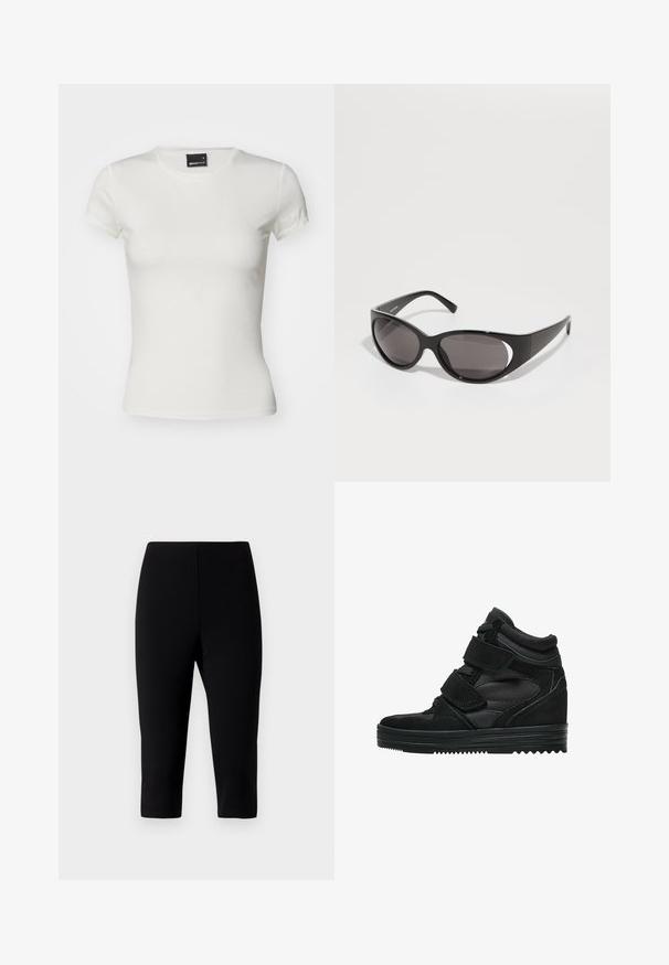 Fehér, rövid ujjú póló, pamutból készült. Klasszikus kerek nyakkivágással és sima textúrával rendelkezik, testhezálló kivitelben. Márkacímke látható.; Fekete capri nadrág rugalmas anyagból, testhezálló fazonnal, amely éppen térd alatt végződik, sima textúrával és látható varratok nélkül.; Fekete magas szárú sportcipők, amelyek velúr és hálós anyagból készültek, tépőzáras pántokkal, sima felülettel és texturált gumitalppal a tapadás érdekében.; Fekete napszemüveg ovalis lencsékkel és letisztult dizájnnal. A keretek fényesek és szélesek, oldalán kivágott részlettel.; Fekete bőrtáska fonott füllel, cipzáras zsebbel és lógó bojtokkal. Texturált felület fém szegecsekkel és hardver díszítésekkel.