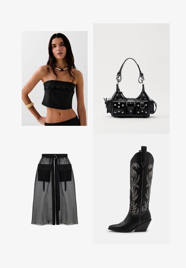 Černý top bez ramínek s vlnitým lemem, vyrobený z texturované látky. Nošený s kontrastním náhrdelníkem a světlým náramkem.; Černá průhledná sukně s nařaseným pasem, která má dvě velké přední kapsy, páskový uzávěr a kulatý kovový akcent.; Černé kožené kovbojské boty s špičatými špičkami, podpatky ve tvaru klínu a stříbrně vyšívanými květinovými vzory po celé délce. Kontrastní prošívání po celém obvodu.; Černá kožená kabelka s křivkovým designem, zdobená stříbrnými hřebíky, s přezkou a dvěma bočními kapsami. Nastavitelný popruh pro různé možnosti nošení.