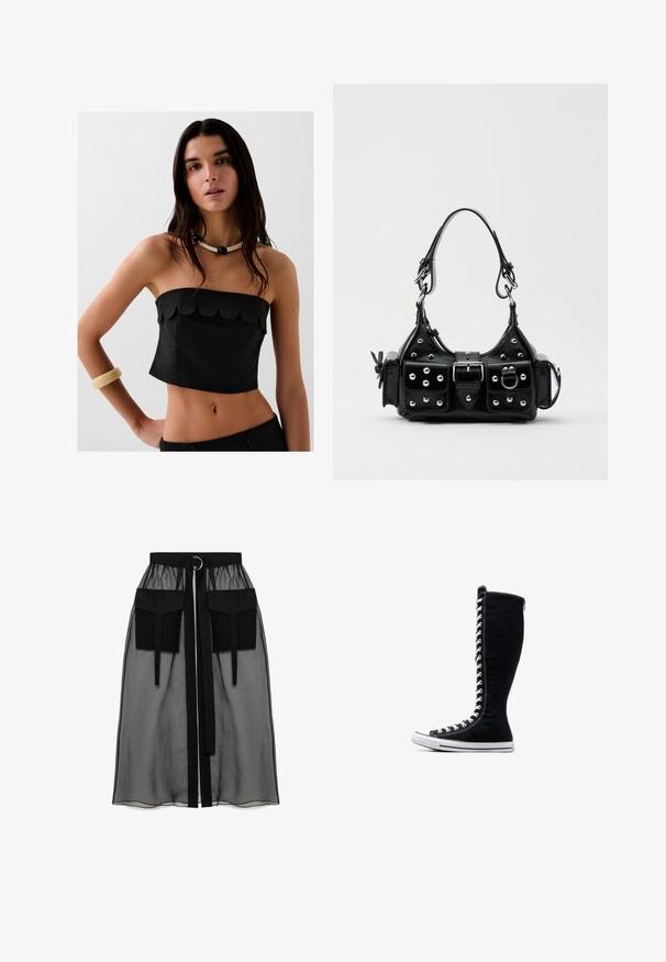 Schwarzes trägerloses Oberteil mit gewelltem Saum, aus strukturiertem Stoff. Kombiniert mit einer kontrastierenden Halskette und einem hellen Armband.; Schwarzer transparenter Rock mit einem gerafften Taillenbund, der zwei große Fronttaschen, einen Taillenkordel und ein kreisförmiges Metallakzent aufweist.; Schwarze High-Top-Sneaker mit hohem Design, aus Canvas. Sie verfügen über weiße Schnürsenkel, Nähte und eine Gummisohle mit einer Zehenkappe.; Schwarze Lederhandtasche mit einem geschwungenen Design, verziert mit silbernen Nieten, einer Schnalle und zwei seitlichen Taschen. Verstellbarer Träger für verschiedene Tragemöglichkeiten.