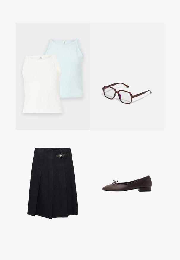 Two ribbed tank tops in white and light blue. The tops feature a round neckline and wide shoulder straps, made from a soft fabric.; White long-sleeve shirt made of smooth fabric, featuring a pointed collar, button-front closure, and rounded hem with side slits.; Dark denim skirt with a fitted waist, side buckle detail, pleated design, and a slightly flared silhouette. Seam detailing throughout.; Brown leather ballet flat with a rounded toe and small block heel. Features a thin bow at the front and subtle stitching details.; Brown, rectangular eyeglasses with transparent lenses and purple tints. Smooth plastic frame with straight temples and subtle accents.