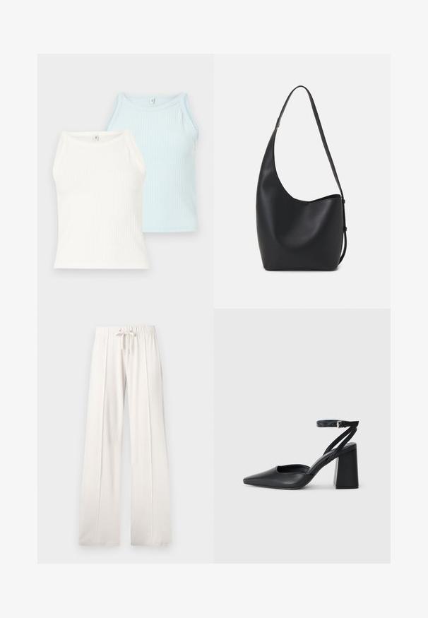 Two ribbed tank tops in white and light blue. The tops feature a round neckline and wide shoulder straps, made from a soft fabric.; Light beige sweatpants made of soft fabric, featuring a drawstring waist, wide legs, and vertical seams, with a smooth texture.; Black leather pointy-toe pump with an ankle strap and a chunky heel. Flat texture, sleek design, and minimalistic aesthetics.; Black leather hobo bag with a smooth texture, curved shape, and single adjustable strap; features a wide opening at the top.