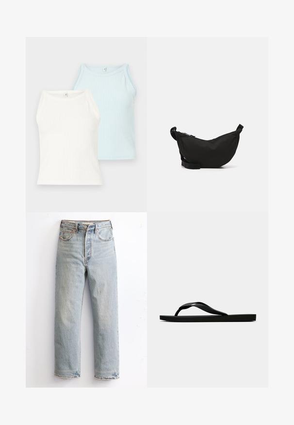 Deux débardeurs côtelés en blanc et bleu clair. Les tops présentent un col rond et de larges bretelles, fabriqués à partir d'un tissu doux.; Jean en denim bleu clair avec une coupe à jambe droite, présentant un ourlet effiloché, des rivets en cuivre et un style classique à cinq poches.; Tong sandale en caoutchouc noir avec une bride en T texturée et une semelle plate simple, montrée de côté sur un fond clair.; Sac bandoulière en tissu noir avec une forme incurvée, fermeture à zip, sangle réglable et une petite poche latérale pour un rangement supplémentaire.