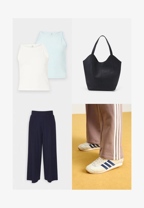 Divi riboti t-krekli baltā un gaiši zilā krāsā. Krekliem ir apaļš kakla izgriezums un platas plecu siksnas, tie izgatavoti no mīkstas auduma.; Platas kājas bikses tumši zilā audumā ar svītrainu tekstūru. Aprīkotas ar gludu jostasvietu un plūstošu siluetu, sasniedzot vidus teļus.; Krēma krāsas kedas ar zilo zamšādu svītrām, baltām auklām un gumijas zoli. Apvienotas ar pelēkām sporta biksēm ar baltām sānu svītrām.; Melnas rokassomas, kas izgatavota no gludas ādas, ar izliekto atvērto augšu, divām plecu jostām un minimālistisku dizainu.