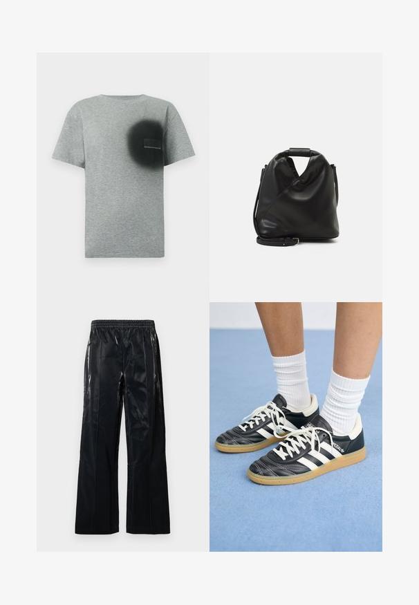 Šedé tričko s krátkym rukávom s čiernym kruhovým motívom z rozprašovacej farby a malou obdĺžnikovou záplatou na ľavej strane hrudníka.; Čierne nohavice s širokými nohavicami vyrobené z lesklého materiálu. Majú elastický pás a vertikálne švy pre štruktúru a dizajn. Hladká textúra.; Čierne kožené tenisky s bielymi pruhmi, okrúhlou špičkou, bielymi šnúrkami a gumovou podrážkou. Vyzdvihujú ich vypchávkovaný golier a detaily s logom.; Čierna, mäkká kožená taška s jedinečným zavinutým dizajnom. Disponuje krátkym uškom a odnímateľným ramenným popruhom. Minimalistický štýl.